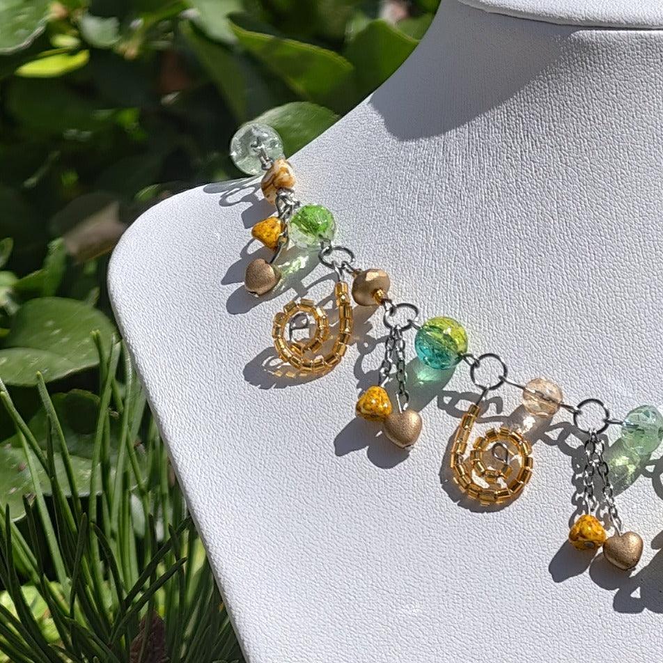 Handmade Whimsical Unique Royalcore Fairycore Jewelry, Green and gold, side