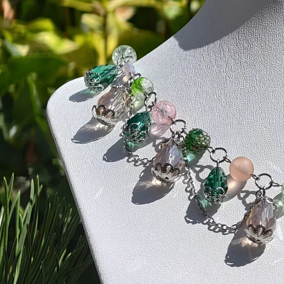 Fantasy Jewelry, Handmade jewelry, Whimsical Jewelry, Unique Jewelry. Royalcore Fairycore Jewelry, Pink & Green, side