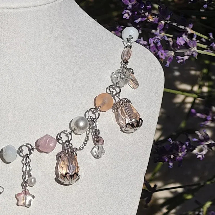 Handmade Whimsical Unique Royalcore Fairycore Jewelry, Pink & white, side