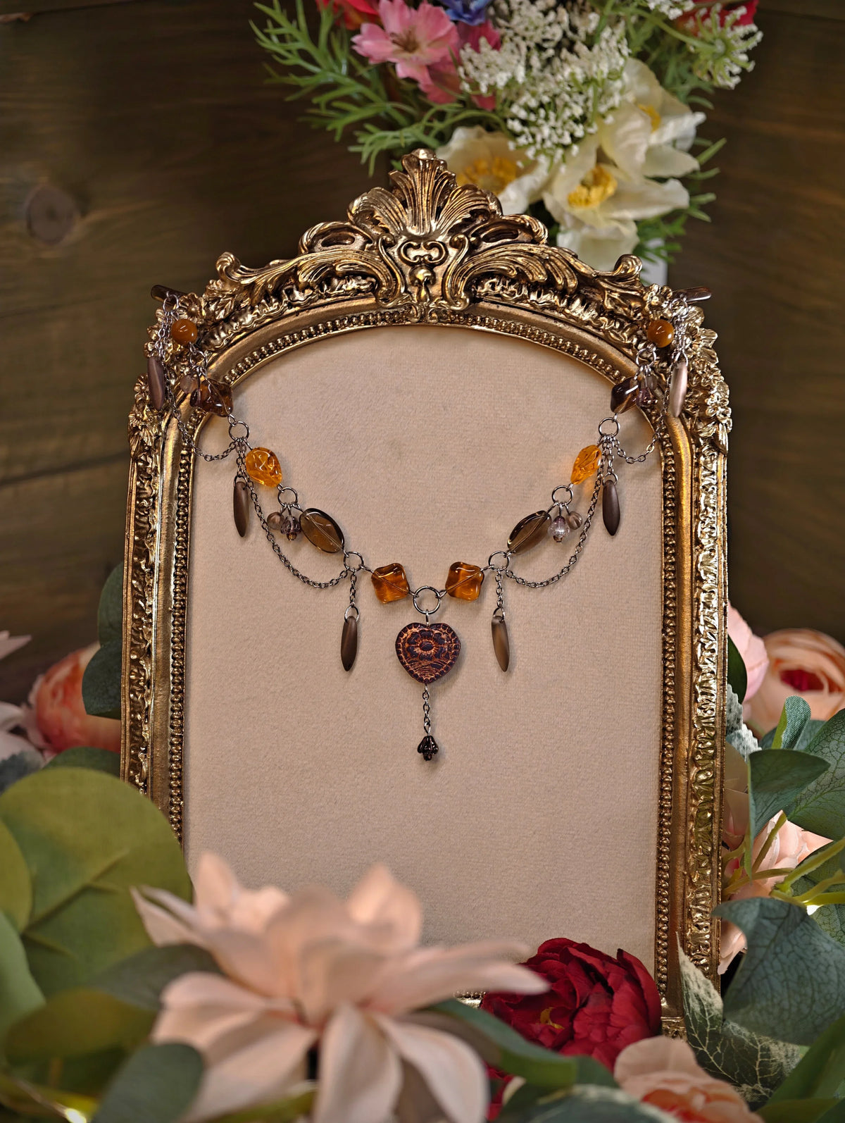 Novyra Jewelry and Clay Art  Brown & Orange Marchioness of Hearts Necklace Novyra