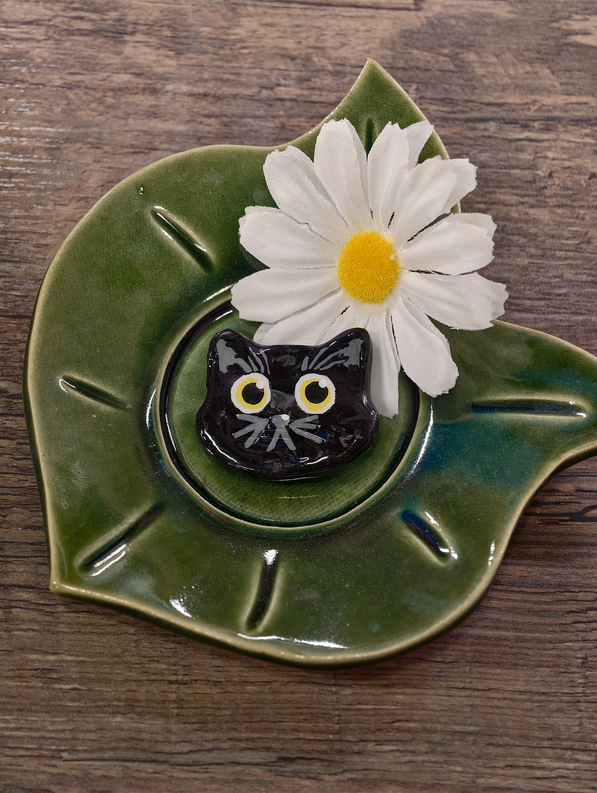 Novyra Jewelry and Clay  Black cat head Art Magent