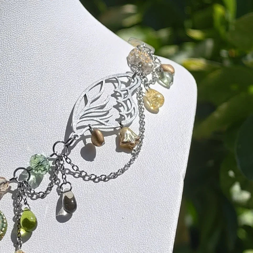 Fantasy Jewelry,  Handmade jewelry, Whimsical Jewelry, Unique Jewelry.  Royalcore Fairycore Jewelry, Green and gold, side